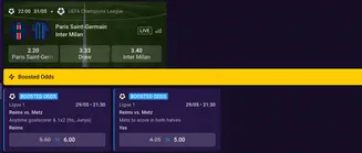 SpinBet betting screen showing Paris Saint-Germain vs Inter Milan odds and boosted odds for Reims vs Metz